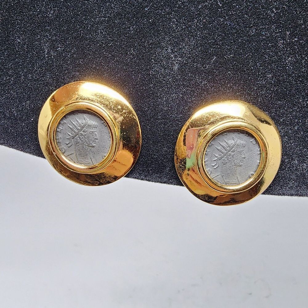 Carolee Vintage Roman Coin Gold Tone Clip-On Earrings 80s 90s